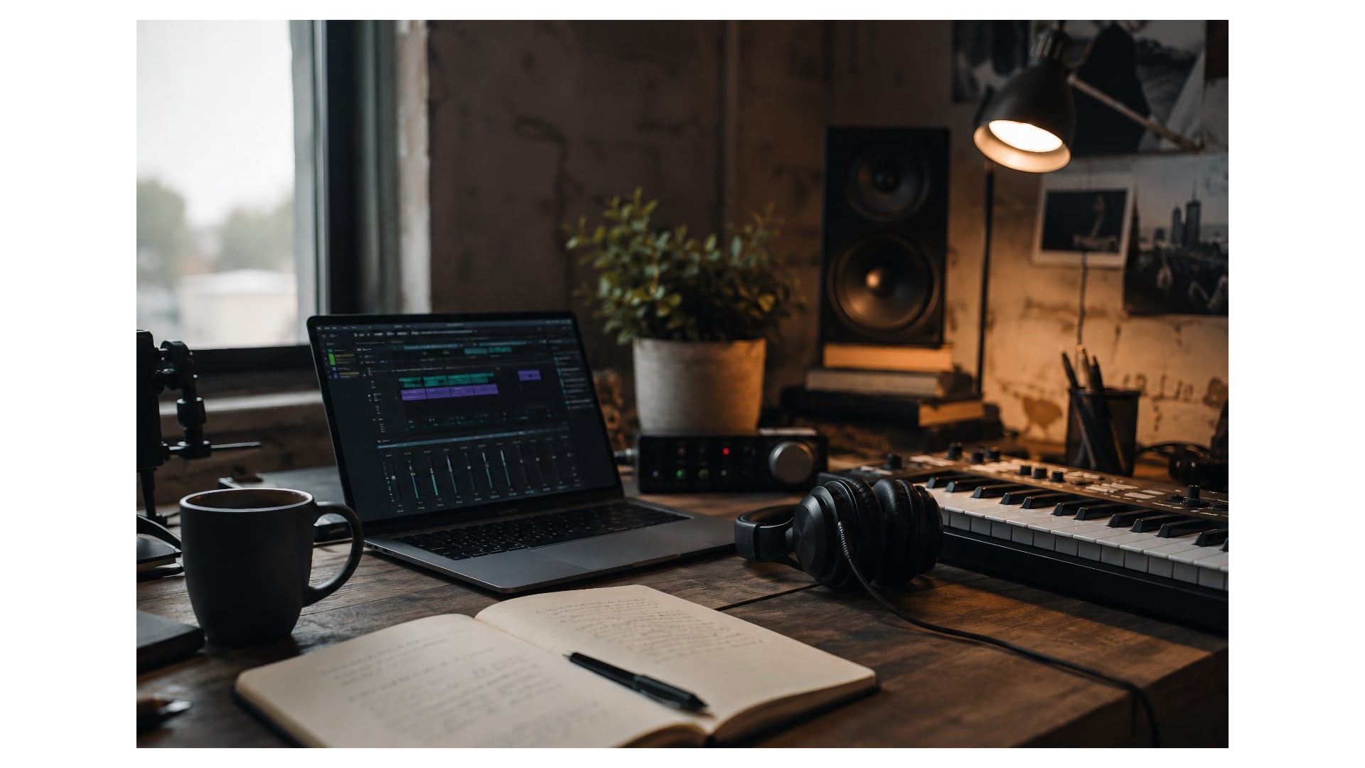 Home music production studio with laptop, keyboard, and handwritten notes