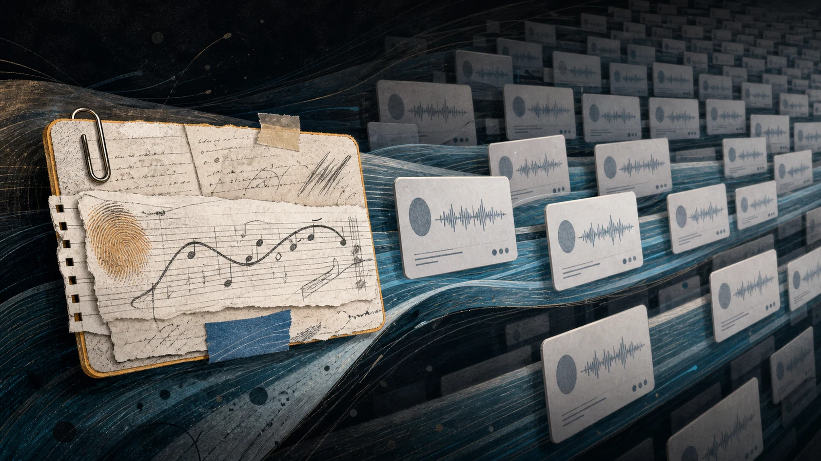 A handmade song built from lyric pages and melody sketches entering a stream of uniform digital music cards