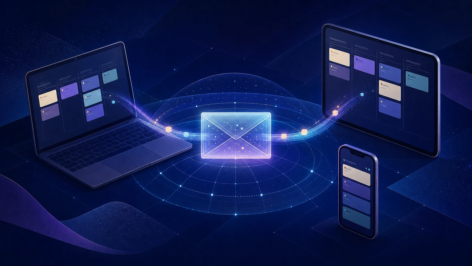 Illustration of encrypted Flowboard task data synchronizing between a laptop, tablet, and phone