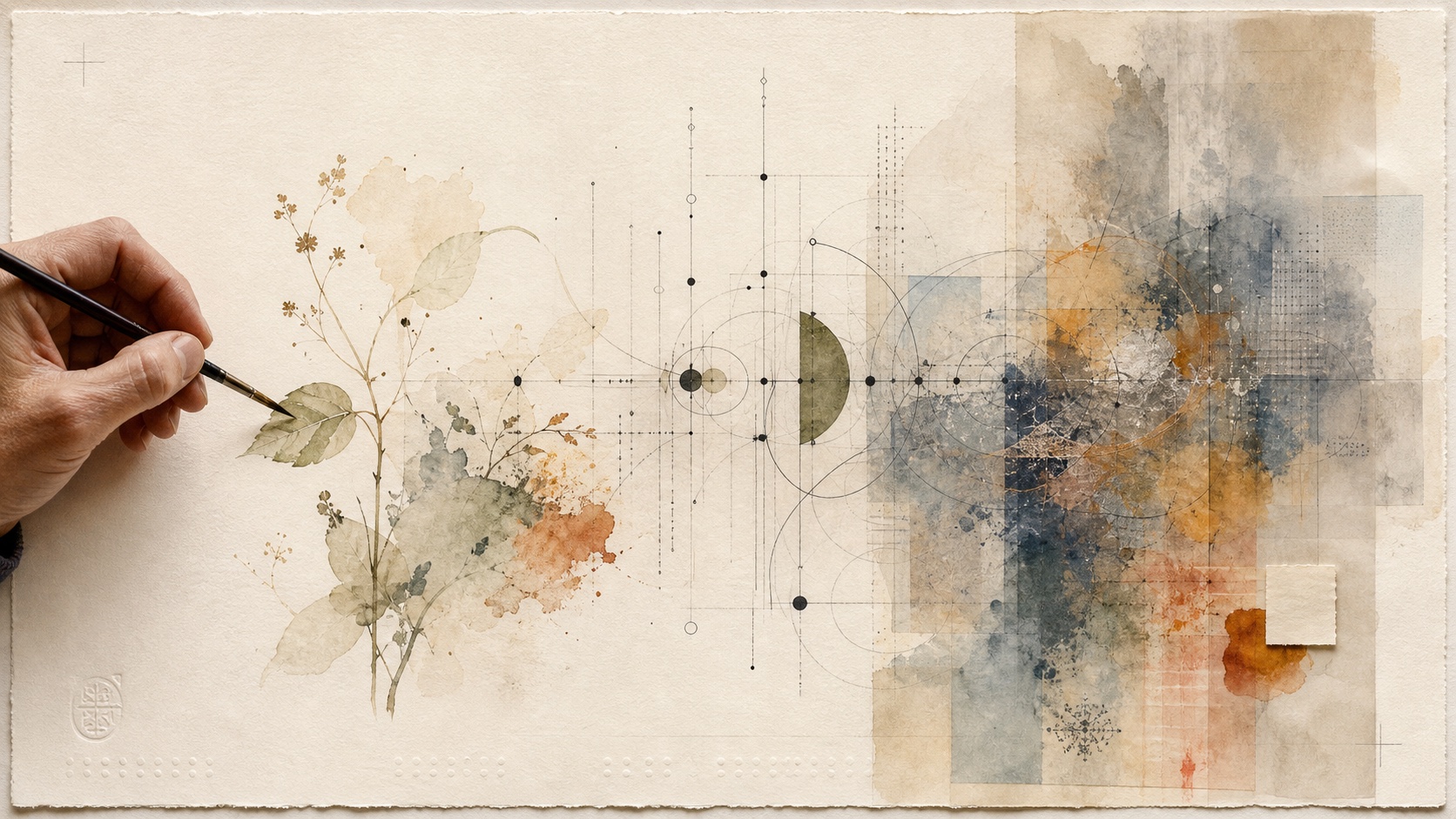 Hand painting transitions into generative geometry and layered AI-assisted art on archival paper