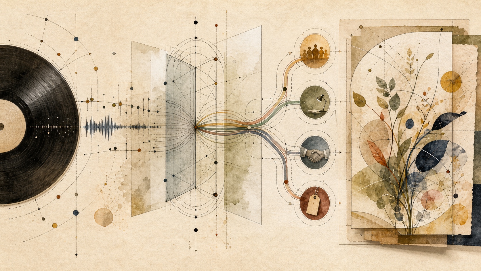 A familiar song passes through visual gates into a botanical generative artwork with licensing paths