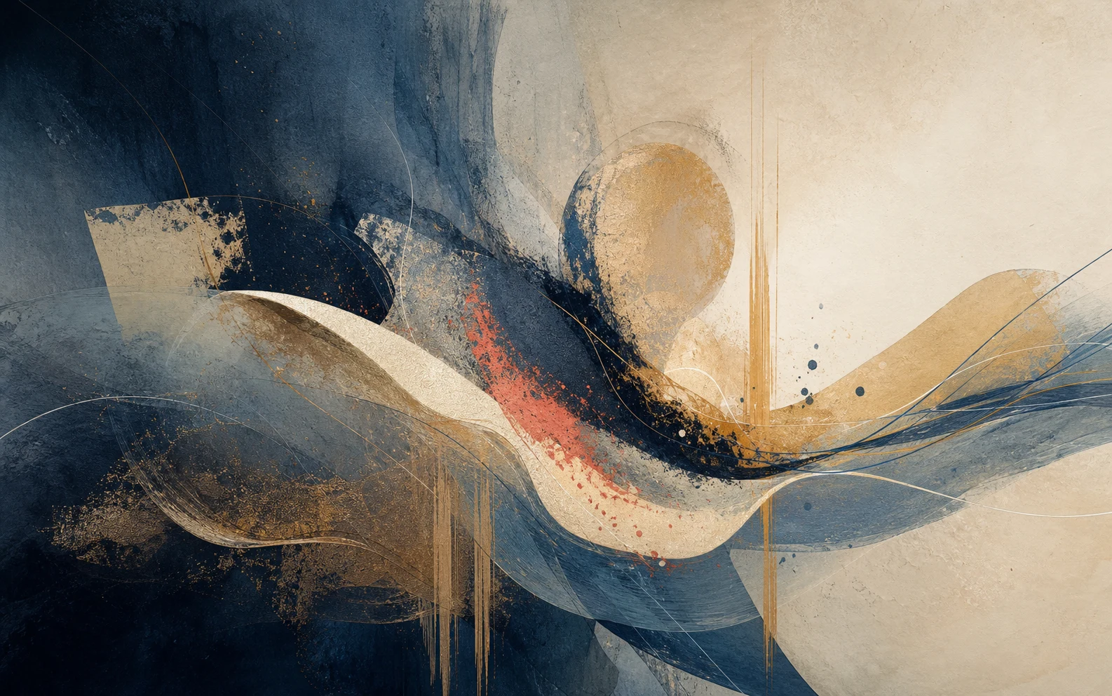 Abstract mixed-media artwork where layered indigo, ochre, ivory, and coral gestures suggest music becoming visual form