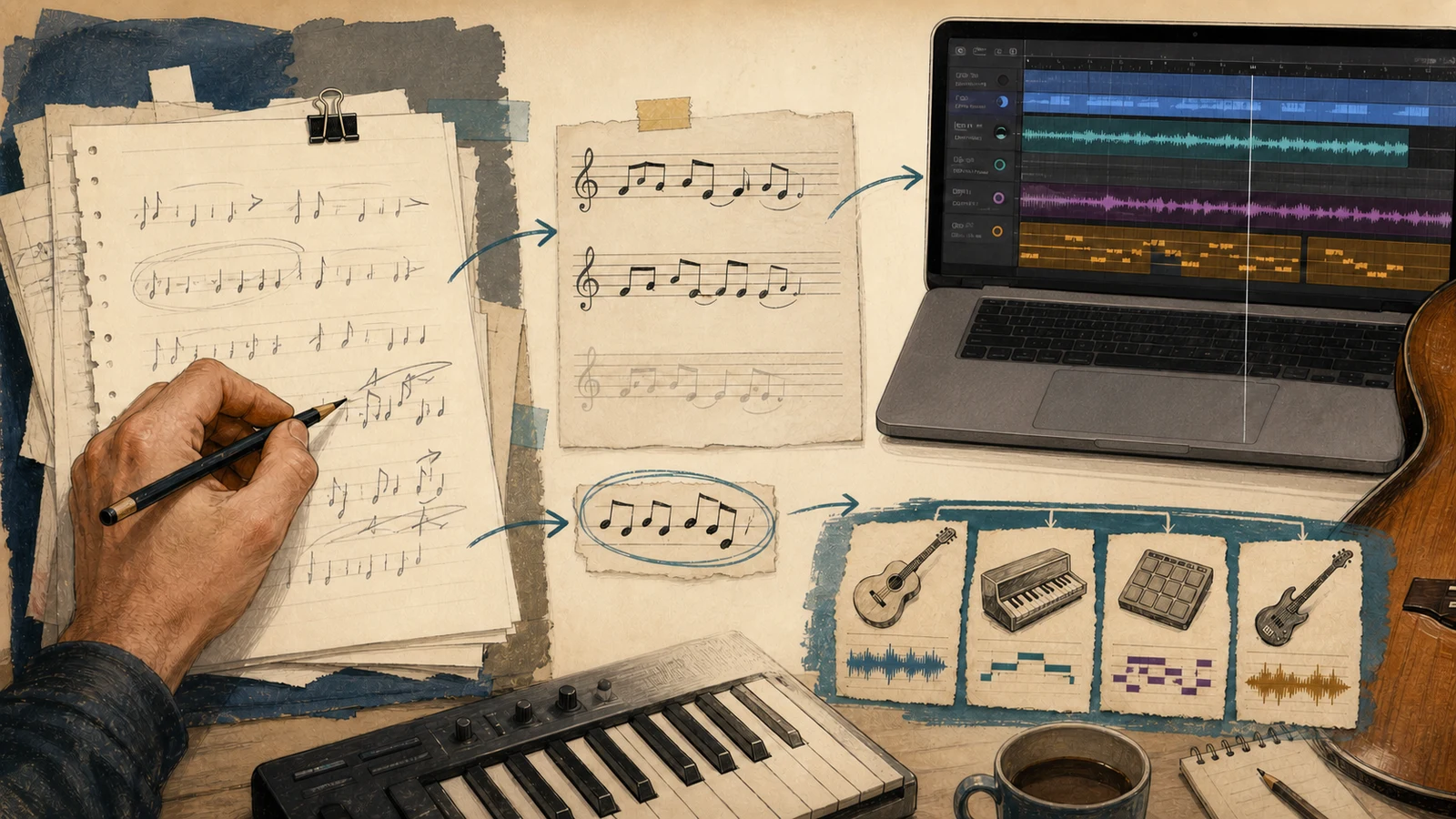 A left-handed songwriter revising music beside melody sketches, instruments, and an audio editing timeline