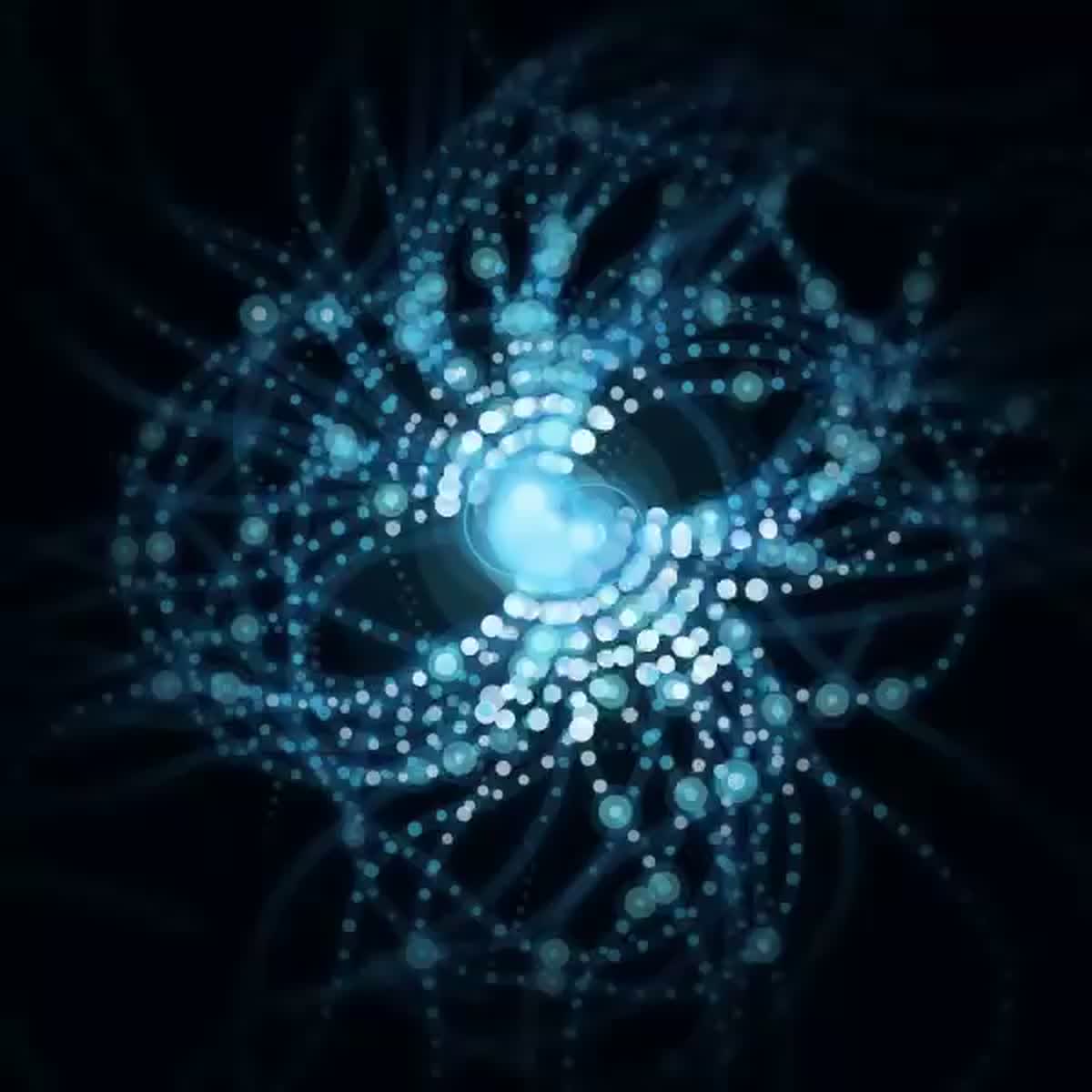 Blue bioluminescent organism-like Orrery Glyph artwork with a bright central body, luminous dotted filaments, and orbiting particles on a dark field