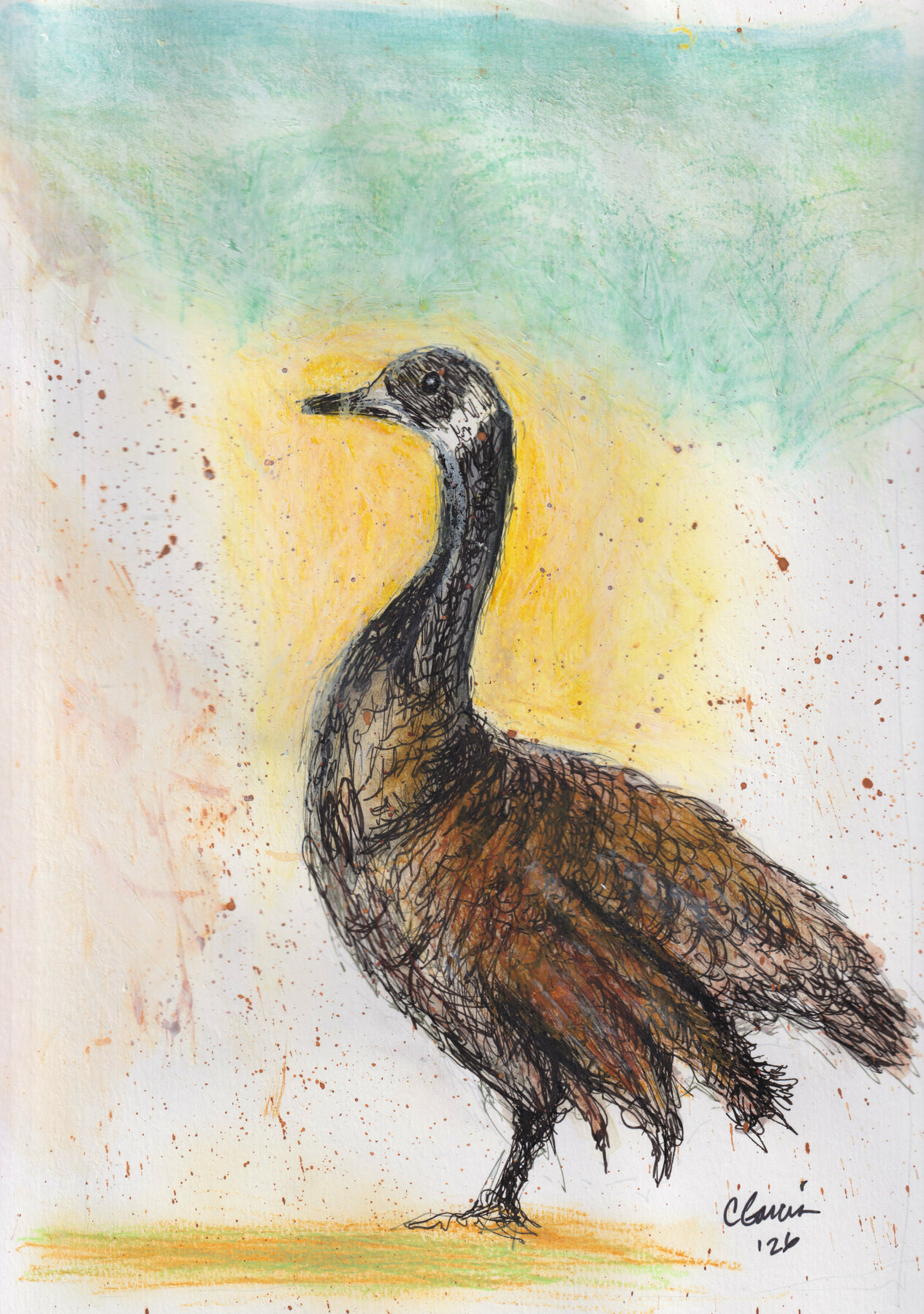 Finalized Peaceful painting, showing the same gestural Canada goose against a soft turquoise field, warm yellow light, brown feather color, scattered marks, and a narrow green-and-gold ground.
