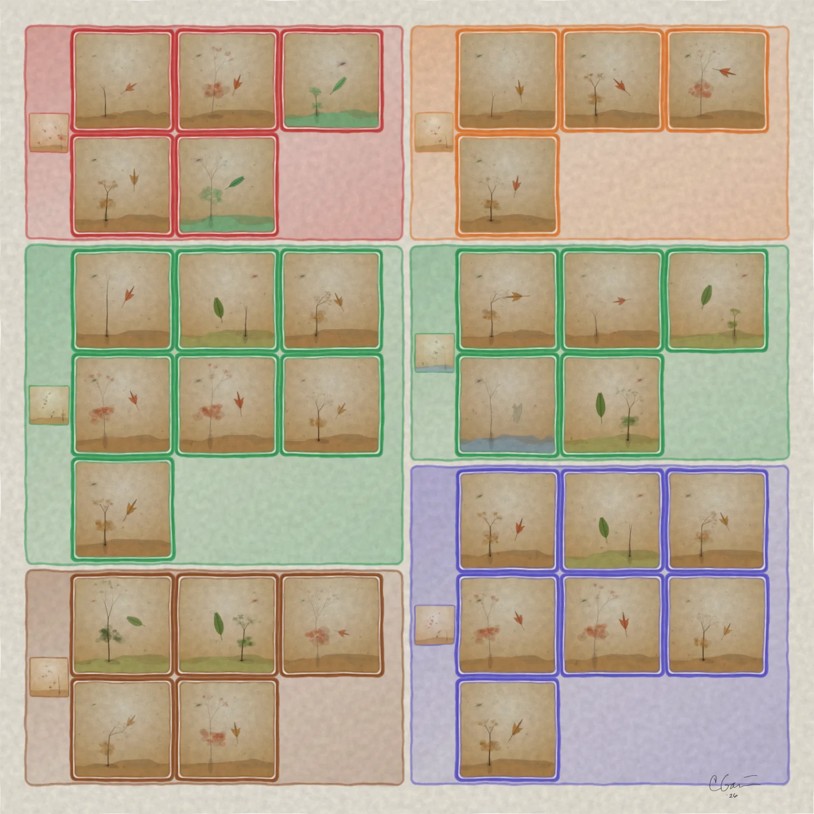 Square Seasonal Drift development gallery with six colored song-section groups containing framed studies of leaves, trees, flowers, birds, and layered landscape bands