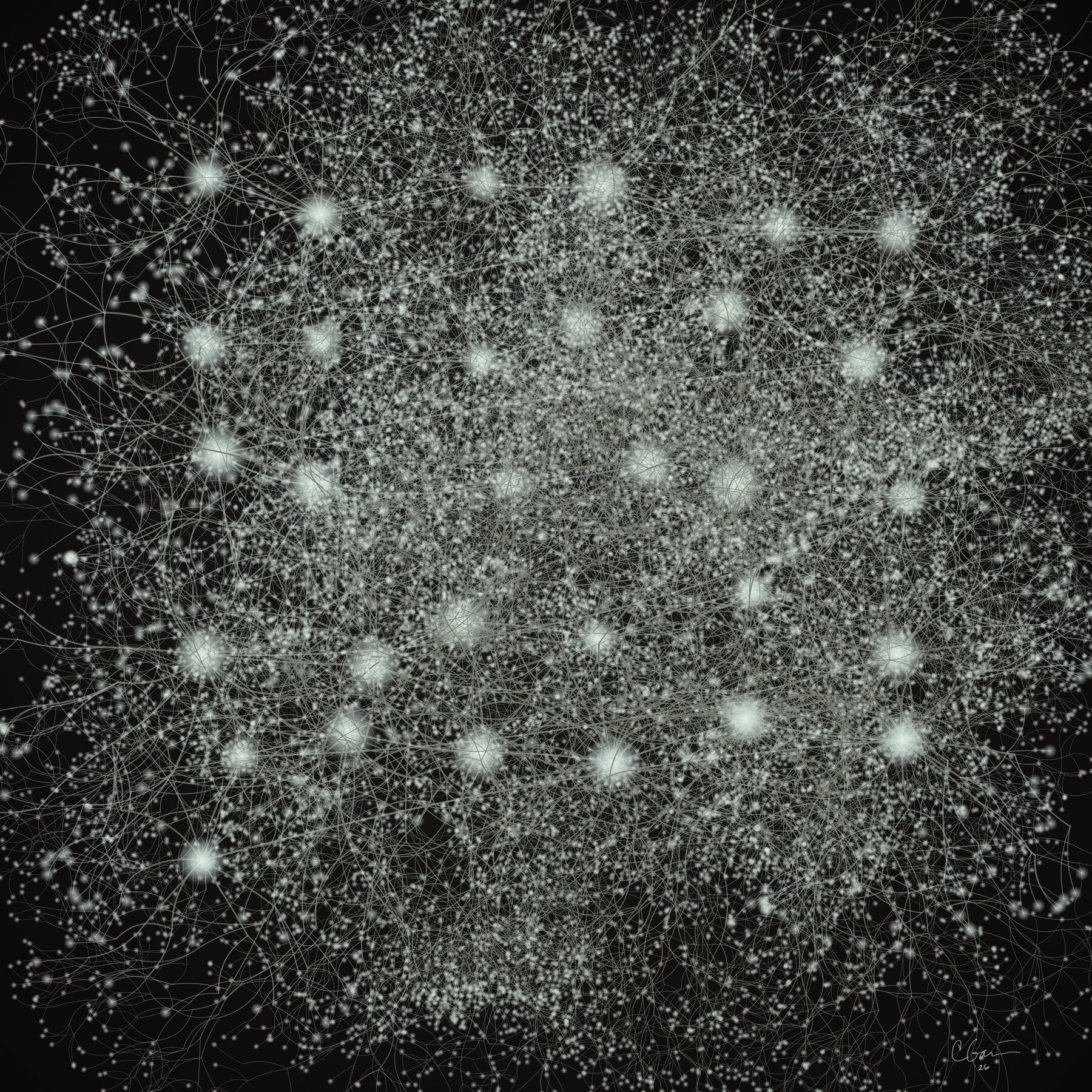 Black-and-white Mycelial Networks artwork from Love in the Cloud, shaped by MIDI and lyrics