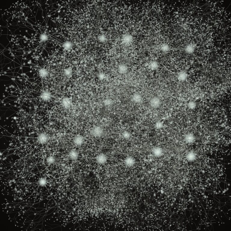 Black-and-white network artwork representing Verse 1 of Love in the Cloud