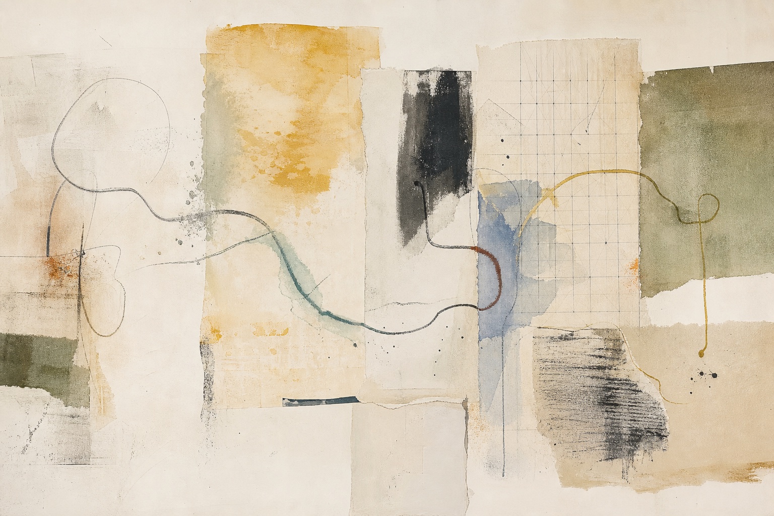 Abstract mixed-media pathways crossing separate studies, showing creative knowledge carried between experiments