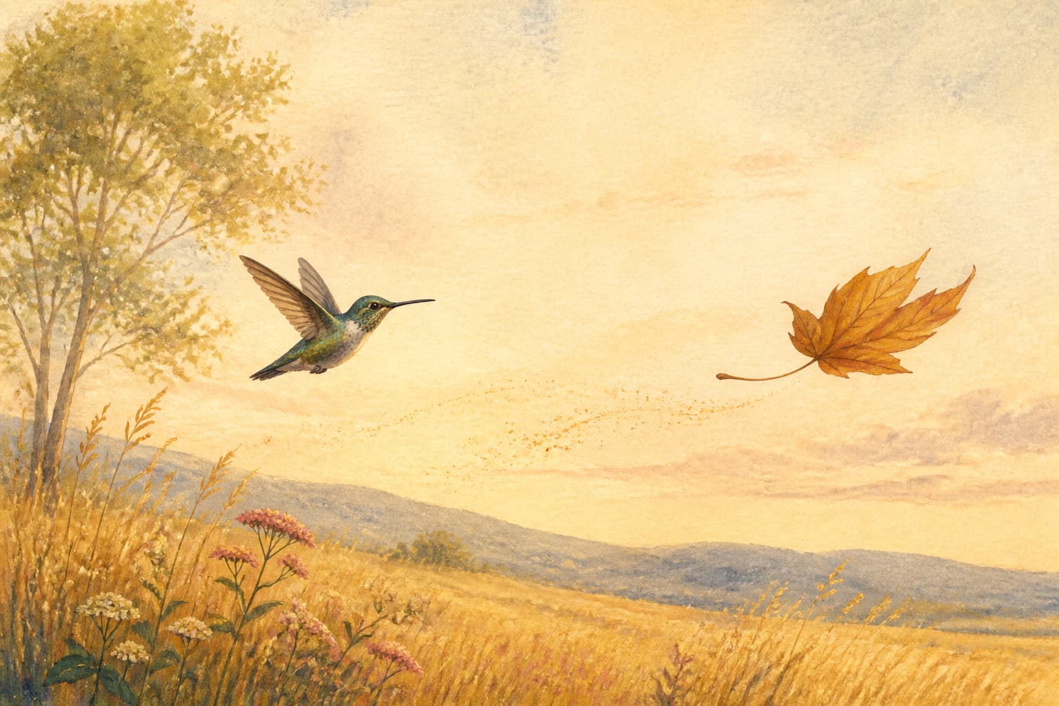 Painterly summer field with a leaf and hummingbir moving together across the art pieces