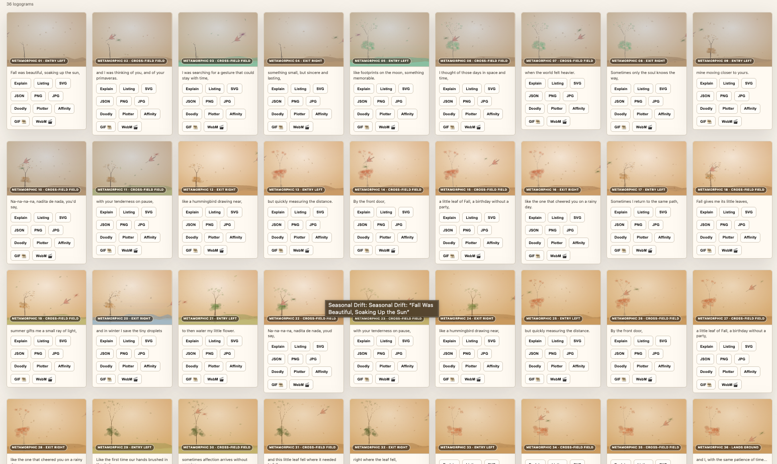 Fine art collection development gallery showing 36 minimalist Seasonal Drift visual studies